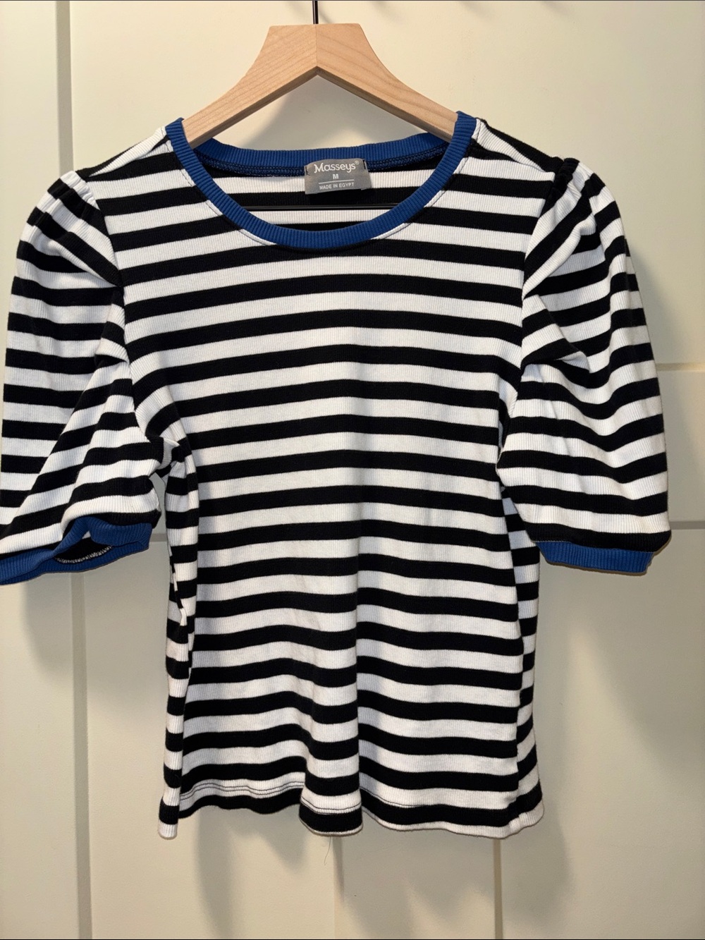Masseys Black & White Striped Short Sleeve Top with Blue Trim